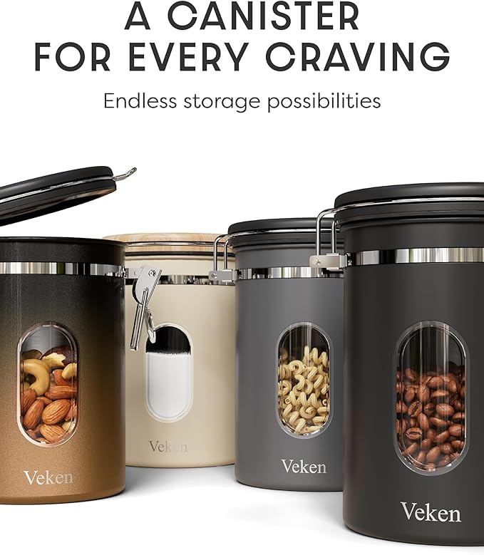Veken Coffee Canister with Window,Airtight Stainless Steel Kitchen Food Storage Container, Date Tracker & Scoop for Grounds Coffee, Beans, Tea, Flour