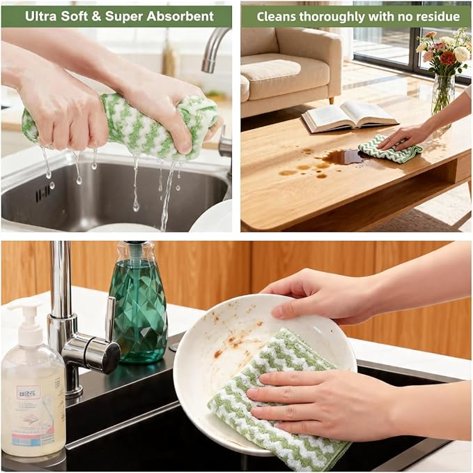 3 Kitchen Sponges+ 5 Striped Green Microfiber Cleaning Cloths, Absorbent Lint-Free Reusable for Kitchen Dishes, Quick-Drying Gentle on Surfaces