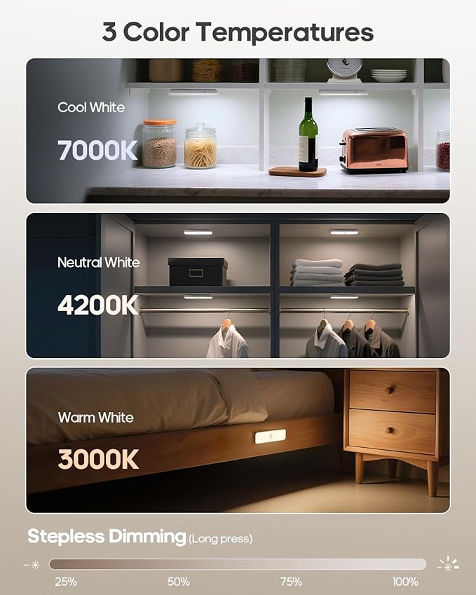 6 Pack Under Cabinet Lighting Wireless with Charging Station, Small 6'' Led Rechargeable Motion Sensor Light Indoor, 3CCT Dimmable Closet Light, Under Counter Light for Pantry, Bookshelf, Stair