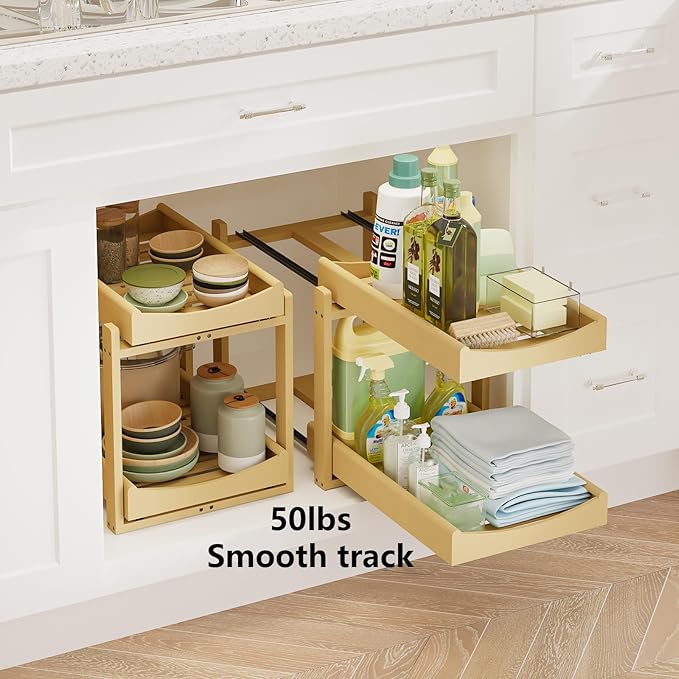Bamboo Under Sink Organizer Adjustable Height 2 Tier Bathroom Organizer Pull Out Cabinet Storage Kitchen Heave Duty Wood Slide Ou Shelf for Kitchen Bathroom (Black, 2 Packs) (Nature, 2 Packs)