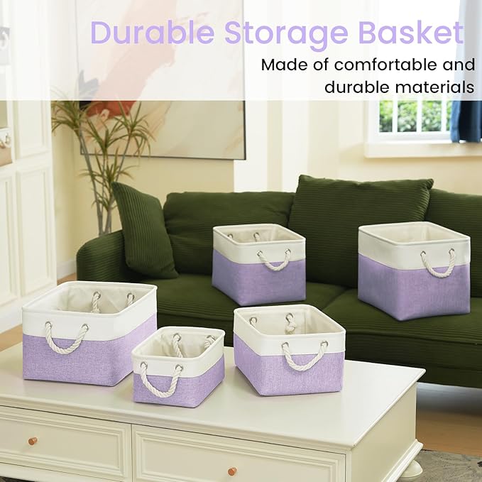 Large Storage Baskets- 15x11x10 inch Storage Bins for Shelves and Closet Organizing, Foldable Fabric Bin for Home Organization Clothes and Laundry (6-Pack, White&Purple)