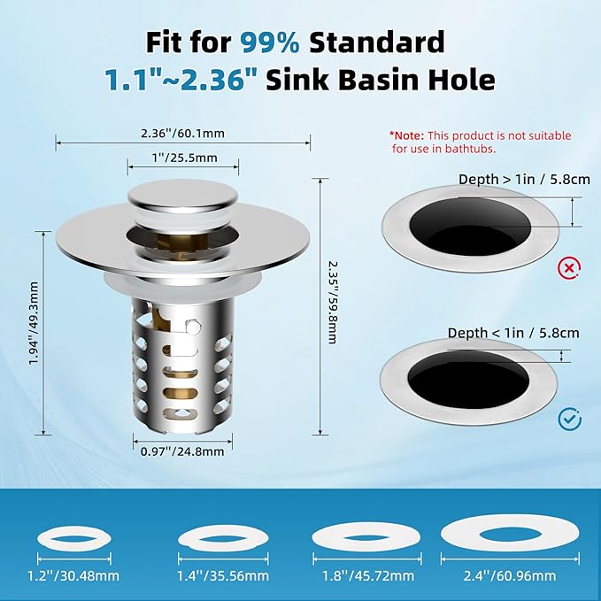 Universal Metal Bathroom Sink Drain Strainer Hair Catcher Upgraded 3 in 1 Pop-up Sink Stopper, with Detachable Stainless Steel Filter Basket