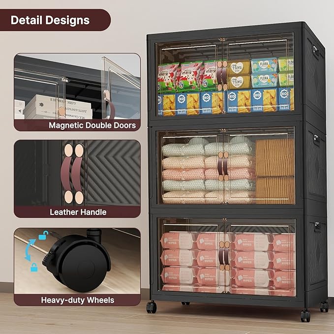 Stackable Storage Bins with Lids, 720QT Closet Organizers, 6, Black, Large