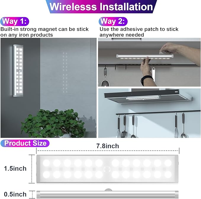 Under Cabinet Lights Wireless, 58-LED Rechargeable Motion Sensor Closet Lights with Remote Control, RGB Color Changing Under Counter Lights for Kitchen, Pantry, Bedroom, Stairs, 4 Pack