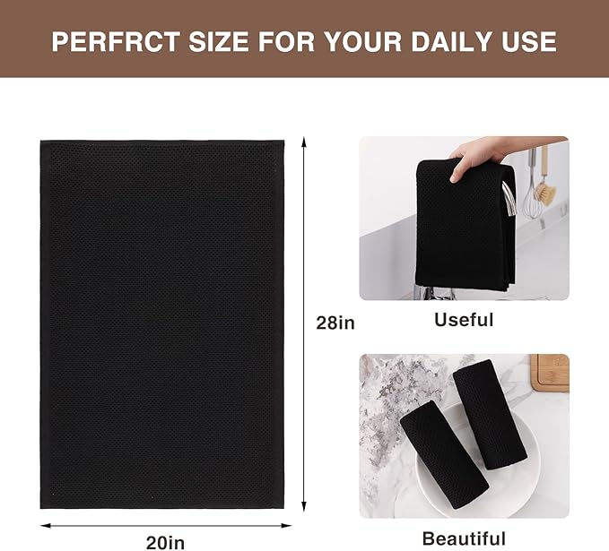 Homaxy 100% Cotton Waffle Weave Kitchen Dish Towels, Ultra Soft Absorbent Quick Drying Cleaning Towel, 20x28 Inches, 12-Pack, Black