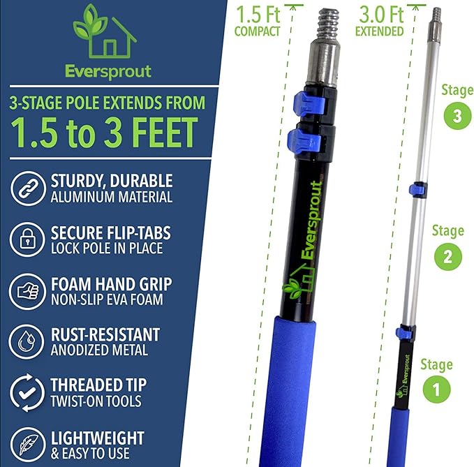 EVERSPROUT 1.5-to-3 Foot Swivel Squeegee and Microfiber Window Scrubber (8-10 Ft Standing Reach) | 2-in-1 Window & Glass Cleaning Combo | Lightweight