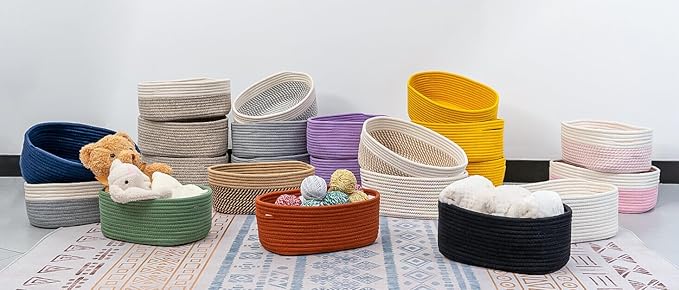 Rectangle Woven Cotton Rope Organizer, Small Rainbow Basket for Kids