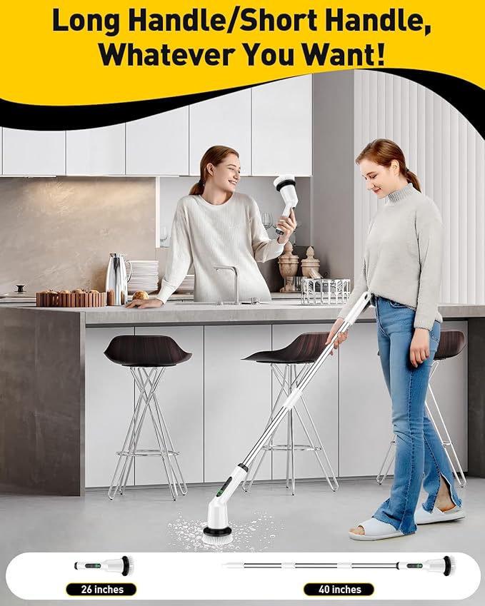 Shower Scrubber with Long Handle, Electric Spin Scrubber for Cleaning Bathroom, Cordless Cleaning Brush with IPX7 Waterproof & 2 Speed, Cleaning Supplies for Shower Tub Kitchen Tile Toilet