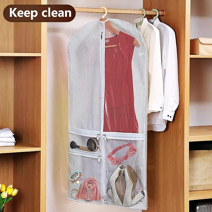 WJWSKI Clear Garment Bags for Hanging Clothes,50 Inch Waterproof Garment Bag for Travel,Clothing Cover Storage Bags with 3 Pockets for Suits,Dress,Coat, Jacket, Sweater, Shirts,Shoes & More