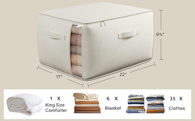 Large Canvas Clothes Storage Bags with Thick Handles and Clear Window, Foldable Cotton Linen Underbed Closet Organizer for Clothing