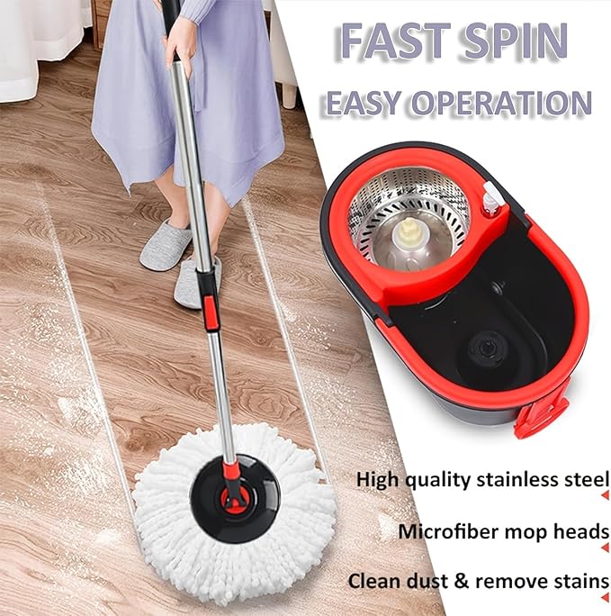 360° Spin Mop and Bucket System with Wringer - 61" Stainless Steel Handle & 3 Microfiber Refills, Self-Cleaning Floor Mop for Tile, Hardwood, Laminate Floors