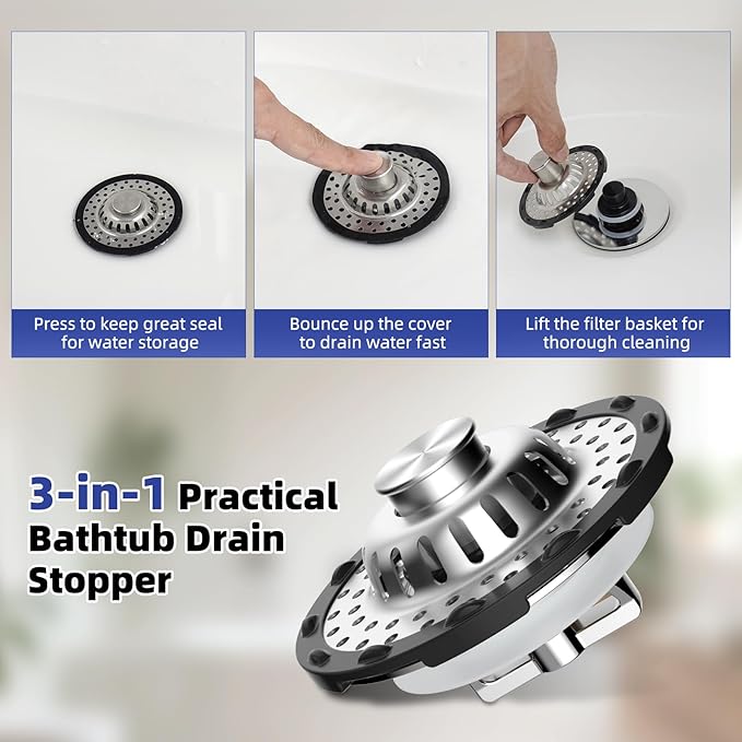 Metal 2 Pack Bathtub Drain Stopper with Top Hair Catcher, Innovative 3 in 1 Pop-up Bathtub Strainer