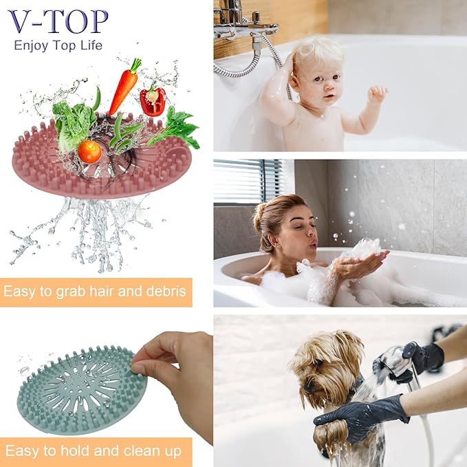 Shower Drain Hair Catcher Tub Stopper, V-TOP Drain Cover for Shower to Catcher Hair, Silicone Bathtub Drain Plug Suit for Bathroom Kitchen and Laundry