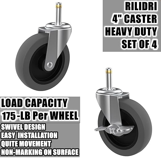 RILIDRI 4-Inch Swivel Stem Caster for Rubbermaid Mop Bucket Utility Cart, 7/16-Inch Stem Diameter Rubber Wheel Set of 4, Heavy Duty TPR Weber Grills Shop Vac Replacement Wheels