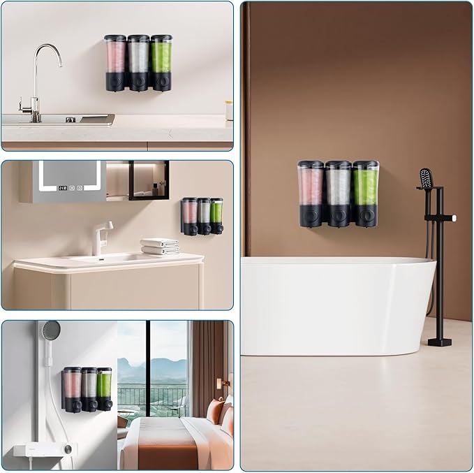Shampoo Conditioner Body Wash Dispenser No Drill Shower Soap Dispenser Wall Mounted Shampoo Dispenser 3 Chamber with Upgrade Pump Head Bathroom Soap Dispenser 450ml/Each Black