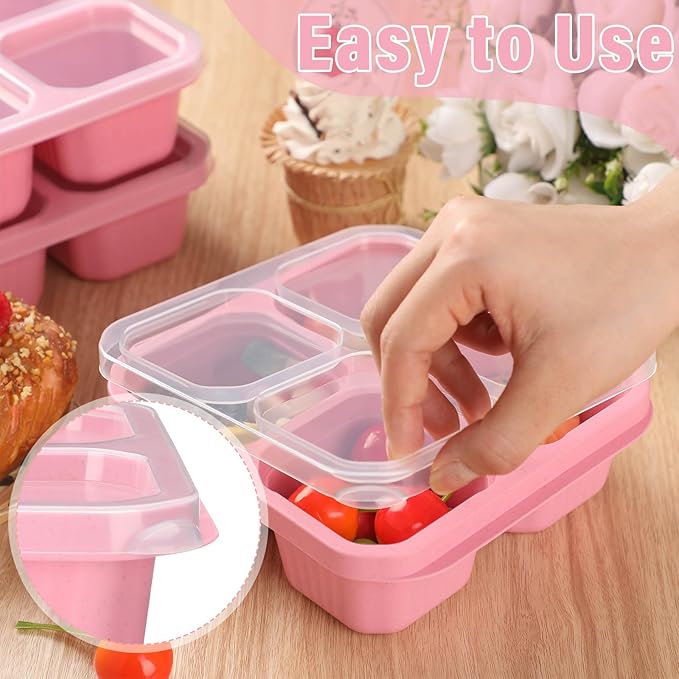 Ziliny 12 Pcs 4 Divided Compartments Snack Containers Bento Wheat Straw Snack Box with Lid Reusable Meal Prep Lunch Box Food Storage Containers for Adults Christmas Travel Work Gifts(Pink)