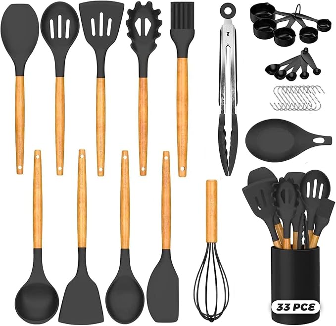 Kitchen Cooking Silicone Utensils Set, Black 33 pce Rubber Spatula Cookware Accessories For Home, Chef Decor Appliances, Nonstick Heat Resistant Silicona can withstand temperatures up to 446