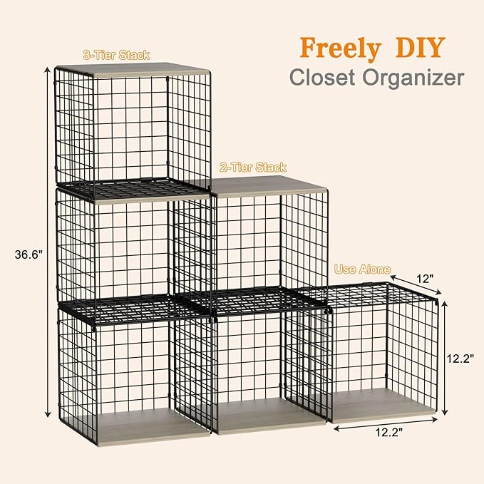 3PCS Stackable Closet Organizers and Storage, Shelves with Wood Top Extra Storage, Clothes Organizer Basket, Bin, or Tube for Wardrobe and Home Organization (Black-Sturdy Metal) Patent Pending