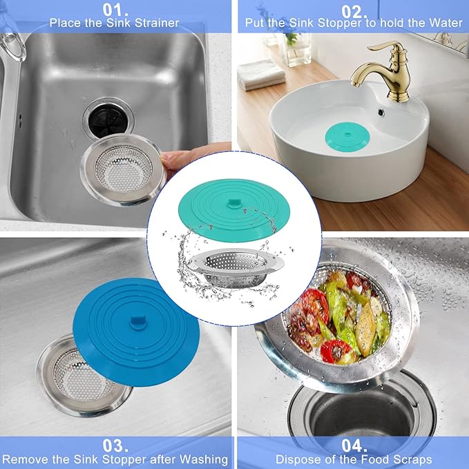 V-TOP Kitchen Drain Strainer Stopper 4 Pack, Universal 6 Inch Silicone Plug Anti-Clogging Stopper Cover