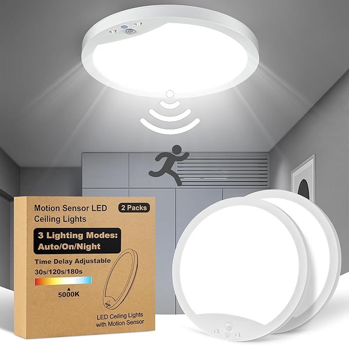2-Pack Motion Sensor Ceiling Lights Hard-Wired, 9Inch Indoor Motion Activated LED Ceiling Light Fixtures with 3 Modes, Flush Mount Lights for Closet Stairwell Hallway, NOT Battery Operated, 5000K
