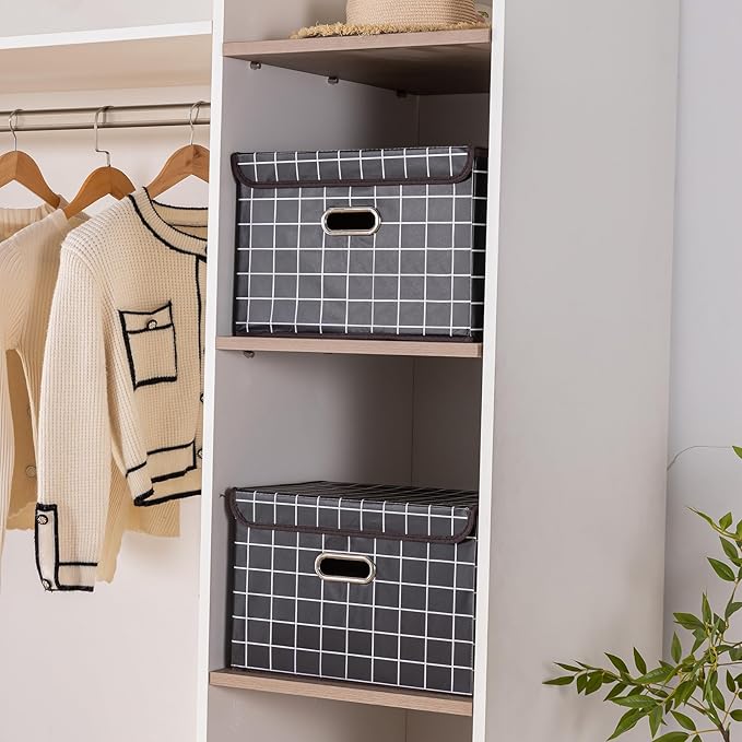 STOREONE Fabric Storage Cube Bins Foldable Organizer Container Collapsible Basket with Lids and Metal Handles, for Home, Bedroom, Closet 3 Pcs (Black grid)