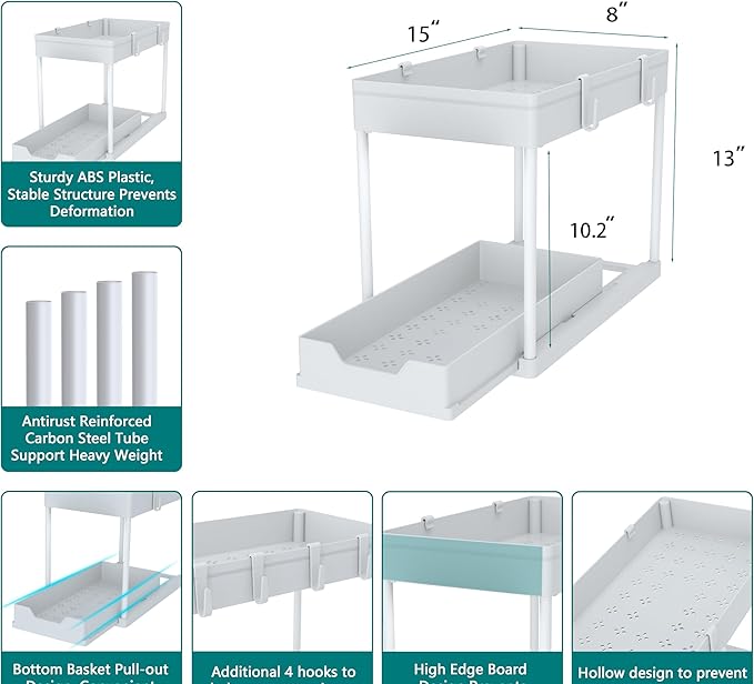 Cabinet, 2 Pack Under Sink Organizer, 2 Tier Sliding Bathroom Kitchen Organizer
