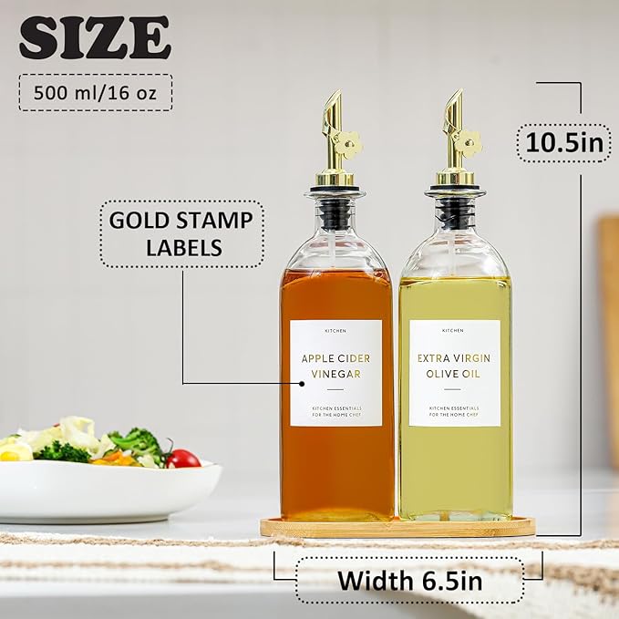 HOMCDALY Olive Oil Dispenser for Kitchen, 11.8oz Glass Dispenser Bottles with Pourer for Kitchen, Oil and Vinegar Dispensers Set, Leakproof Oil Bottle for Cooking| Set of 2 (16oz)