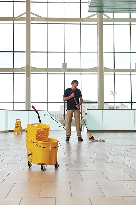Rubbermaid Commercial Products WaveBrake 26 Qt. Side-Press Mop Bucket and Wringer Combo on Wheels, Yellow, for Professional/Industrial/Business Heavy-Duty Floor Cleaning/Mopping