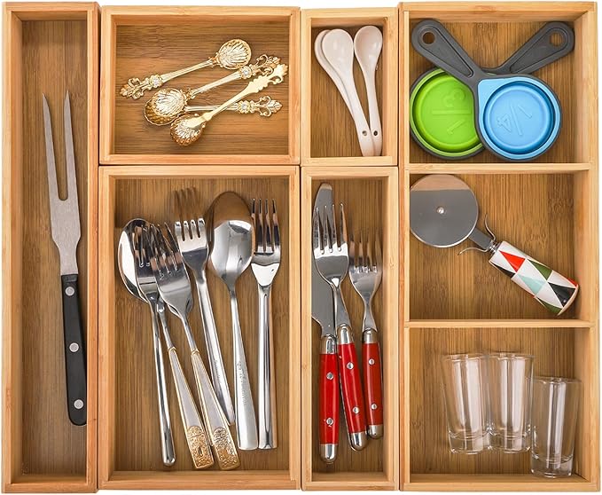 Youeon Set of 6 Bamboo Drawer Organizer Storage Box, Adjustable Cutlery Drawer Organizer, Silverware Organizer Multi-Use for Office, Home, Kitchen, Bedroom, Bathroom