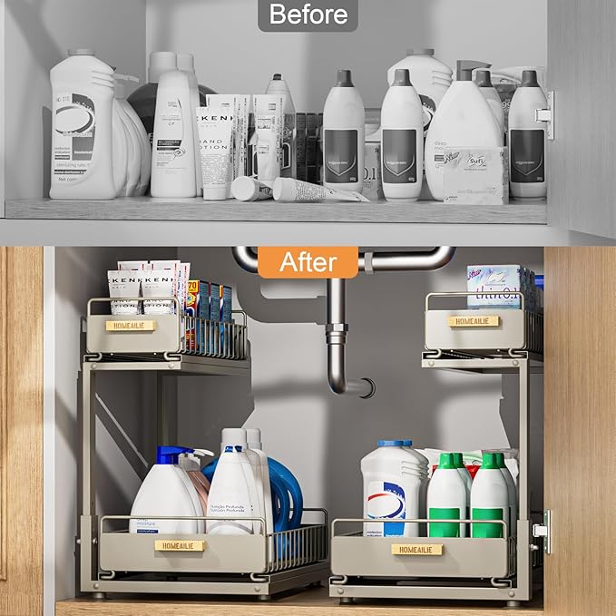 Under Sink Organizer, High Adjustable 2 Tier Under Kitchen Sink Organizer, Gray