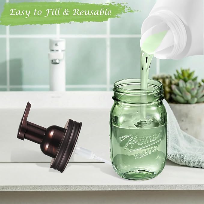 Amolliar Mason Jar Foaming Soap Dispenser, 16OZ Green Glass Hand Soap Dispenser, Plastic Pump & Stainless Steel Lid, Kitchen Dish Soap Bathroom Accessories, Farmhouse Soap Pump Bottle, Bronze 2 Pack