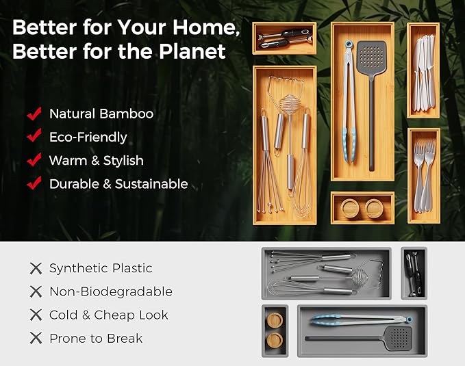 Bamboo Kitchen Drawer Organizer Boxes – 12" x 6" Stackable Wood Silverware Utensil Tray for Drawers Bins, Cutlery & Flatware Storage