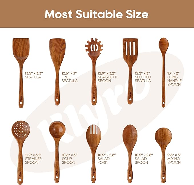 Teak Wooden Cooking Utensils Set, 10 Piece Premium Kitchen Cookware, Non-Scratch Wooden Spoons for Cooking, Perfect for Cooking and Serving