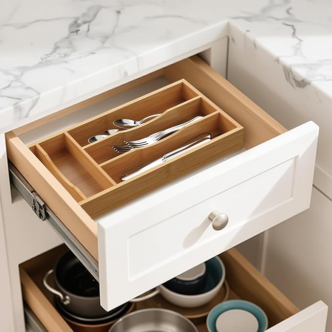 Small Silverware Organizer, Bamboo Kitchen Drawer Cutlery Organizer