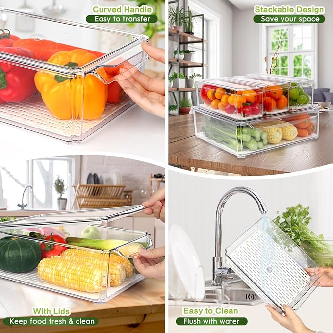 ZIJUND 4 Pack Fridge Organizer, Stackable Refrigerator Organizer Bins with Lids, BPA-Free Fridge Organizers and Storage Containers for Fruit