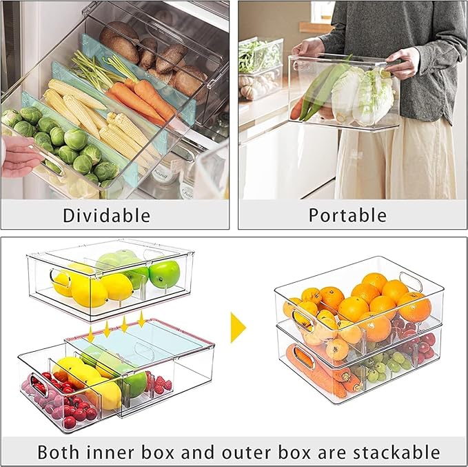 MineSign 9 Pack Stackable Refrigerator Organizer Bins Pull-Out Drawers for Fruit and Veggies Storage Organizer for Fridge Clear Drawer Containers with Handle Divided Organization for Produce Saver