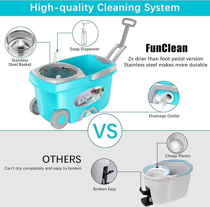 FunClean Spin Mop and Bucket,Mop and Bucket with Wringer Set for Home,360 Spinning Mopping Floor Cleaning Tool with 6 Microfiber Replacement Head Refills,61" Extended Handle, 2X Wheel - Blue