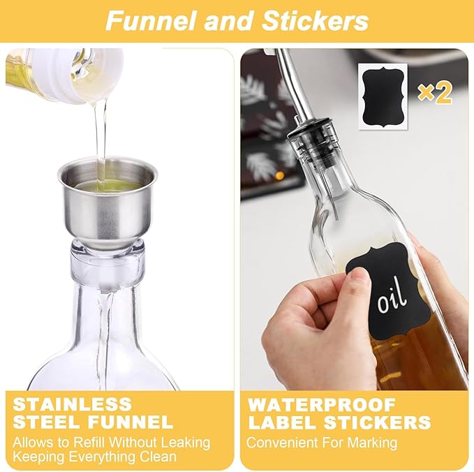 Olive Oil Dispenser Bottle - 500ml Glass Oil and Vinegar Bottles Set for Kitchen with 2 Stainless Steel Pourers, Funnel, Brush and 2 Labels, Kitchen Oil Bottles with Drip-Free Design