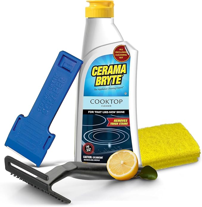 Cerama Bryte Glass Cooktop and Stove Top Cleaner Combo Kit - Includes Cleaning Tool, Razor, Scraper and 3 Pads to Remove Tough Stains - Use on Gas