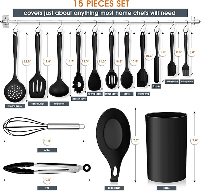 Kitchen Utensils Set, E-far 15-Piece Silicone Cooking Utensils with Holder, Non-stick Cookware Friendly & Heat Resistant, Includes Ladle Spatula Spoon Slotted Turner for Cooking & Baking (Black)