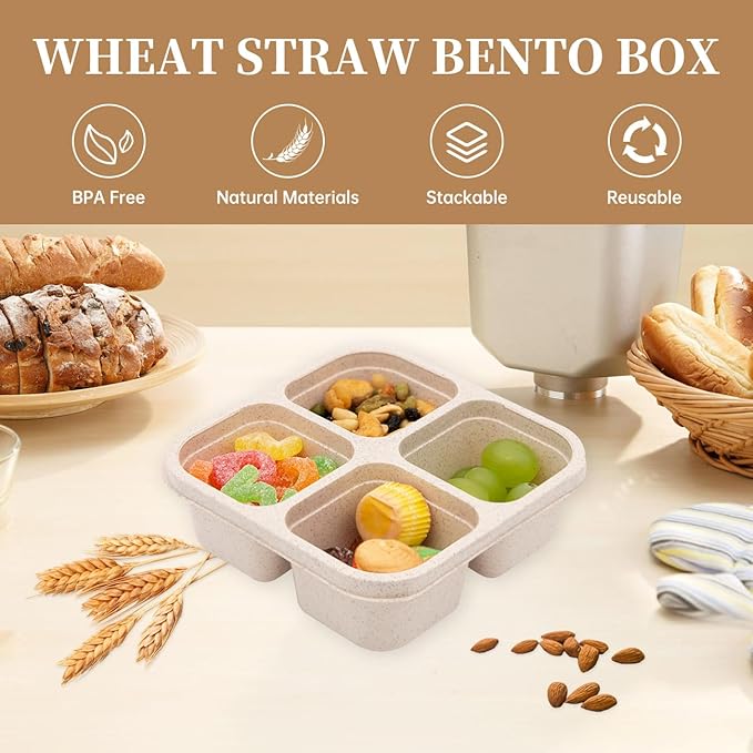 4 Pack Bento Lunch Box，4 Compartment Snack Containers，Divided Bento Snack Box，Meal Prep Containers Kids/Toddle/Adults
