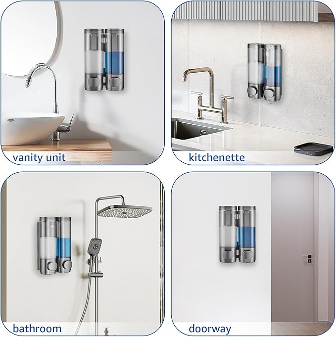 Shampoo and Conditioner Dispenser 2 Chamber No Drill, Shower Soap Pump Dispenser Wall Mounted, Body Wash Dispenser for Shower, Shower Gel Dispenser Shampoo Holder for Bathroom Accessories, Gungrey