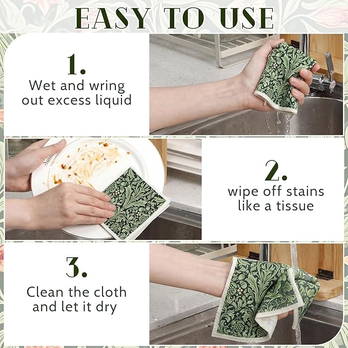 Mifoci 12 Pcs William Morris Swedish Kitchen Dishcloths 7 x 8 Inch Reusable Vintage Floral Dish Towels Absorbent Cotton Cleaning Cloths for Kitchen Cleaning Wipes Housewarming