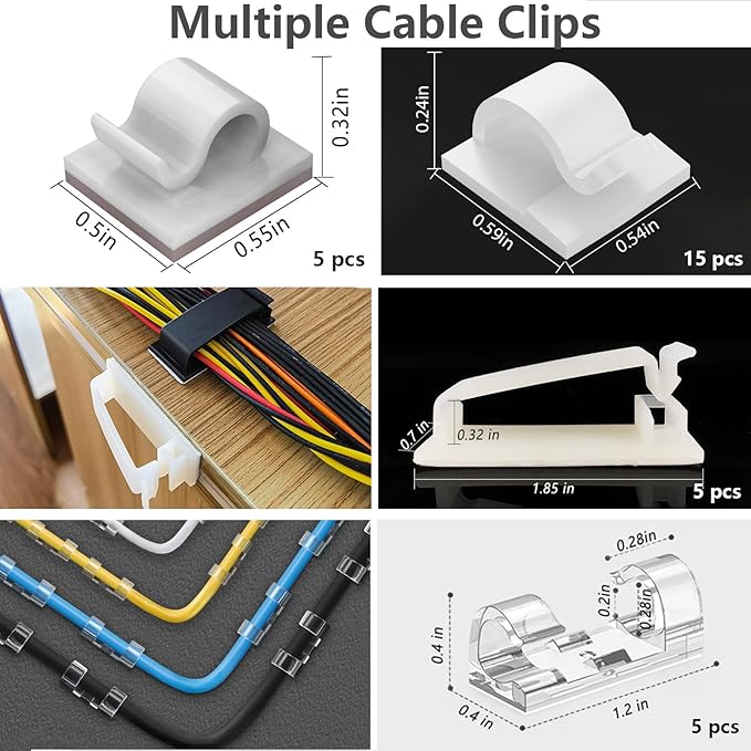 ELII 327PCS White Cable Management Kit 4 Cable Cable Sleeves, 65 Cable Clips with 13Cord Holders,20+5Roll Cable Organizer Straps,200 Fastening Cable Ties,20 Cable Zip Tie Mounts for Computer (White)
