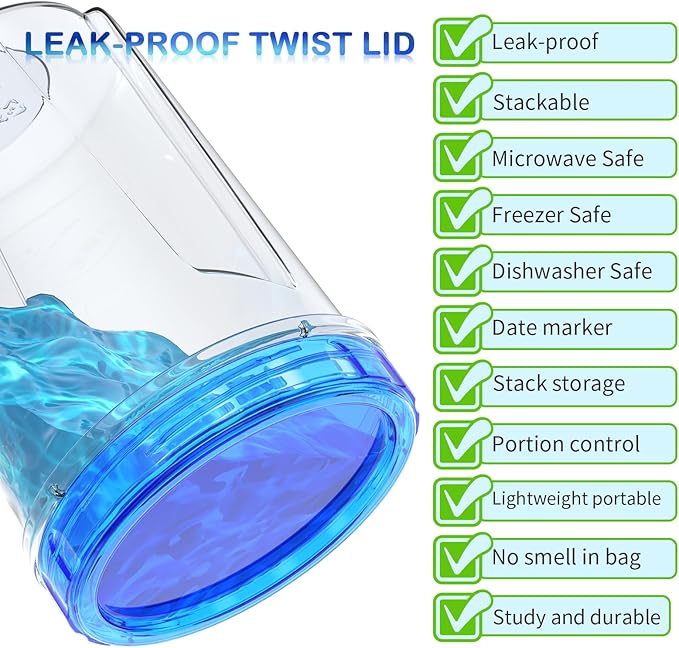 [32 oz 6 Pack] Food Storage Freezer Containers Clear bottom With blue Twist Top Lids Reusable, Plastic Airtight Meal Prep Containers BPA Free