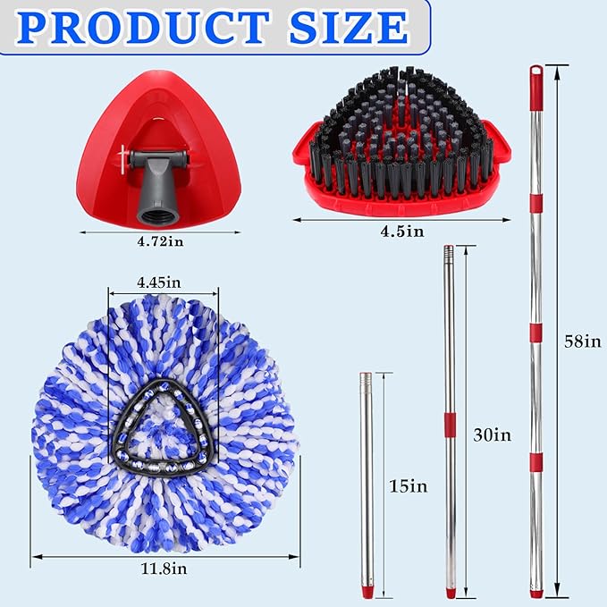 Mop Heads Replacement Handle for Ocedar RinseClean 2-Tank System, 2 Microfiber Mop Refills, 1 Mop Handle (30-58in Adjustable 4-Section Pole), 2 Scrub Brush, 1 Spin Base for O Cedar Mop