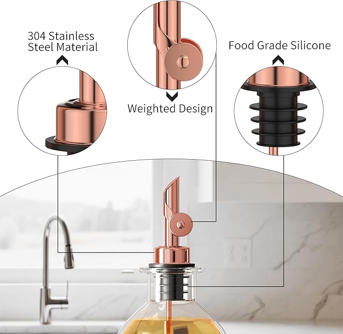 Auto Flip Liquor Pour Spouts 6-Pack, Leak-Proof 304 Stainless Steel Wine Pourer & Olive Oil Dispenser with Food-Grade Silicone for Kitchen, Bar, Restaurant (Goldrose)