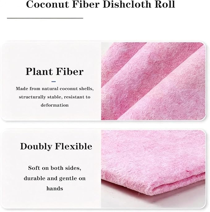 Coconut Fiber Dishcloth Roll – Eco-Friendly Reusable Cleaning Cloths, 20 Sheets (25×25 cm), Highly Absorbent & Quick-Dry Kitchen Towels with Easy-Tear Point-Break Design (1, Pink)