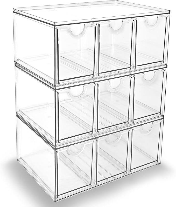 Prsildan Acrylic Makeup Organizer, 3 Pack Stackable Storage Drawers with 9 Drawers for Office Desk Vanity Craft Room Clear Drawer Organizers for Hair