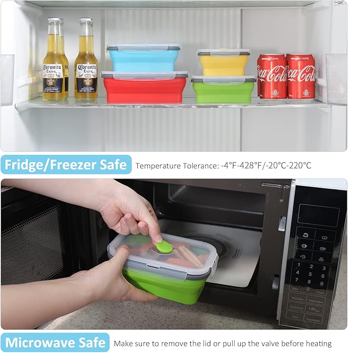Collapsible Food Storage Containers with Airtight Lid, 4 Sizes, Annaklin Small and Large Stacking Silicone Collapsible Meal Prep Container Set for Leftover, Microwave Freezer Dishwasher Safe, Set of 4